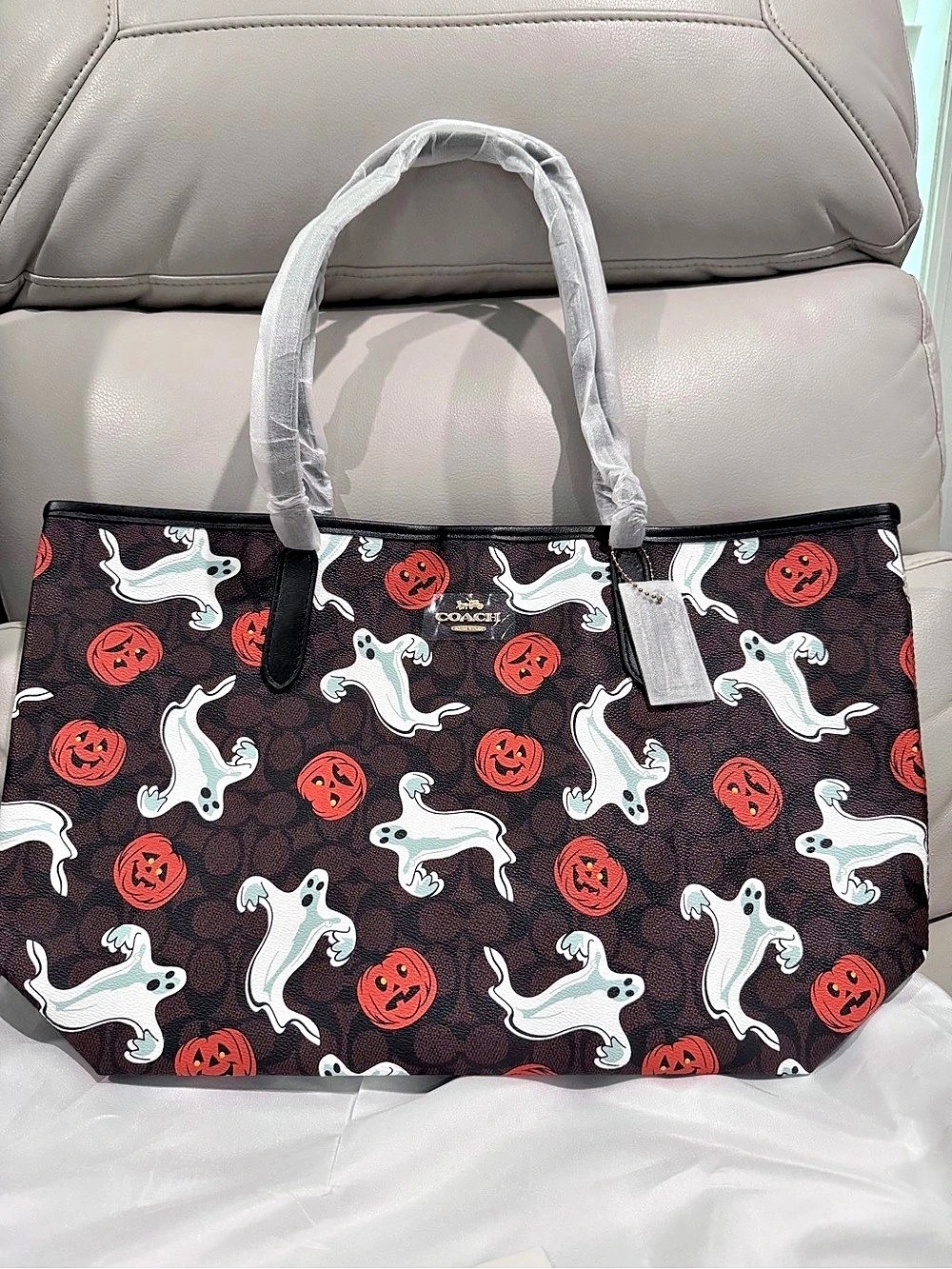 COACH Halloween Ghost & Pumpkin Tote in Brown/White/Orange